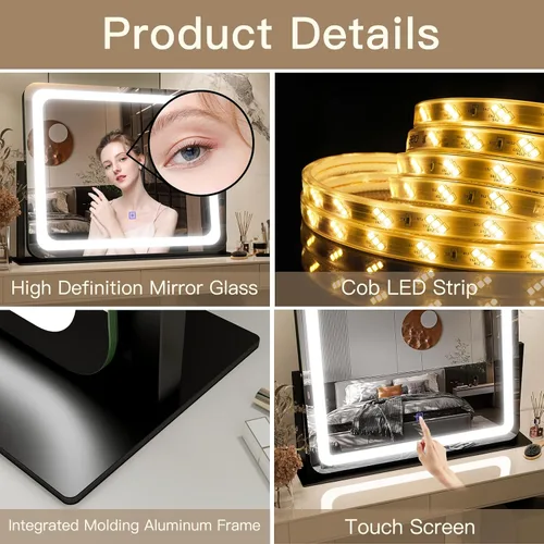 Miniatura 7 de FENNIO - Espejo de tocador con luces, espejo de maquillaje iluminado LED, pantalla táctil con 3 modos de iluminación, regulable, para mesa