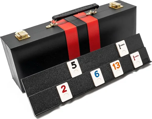 Miniatura 3 de Bello Games New York, Inc. Borough Park Deluxe Rummy Juego con números grabados grandes en una caja de cuero sintético negro