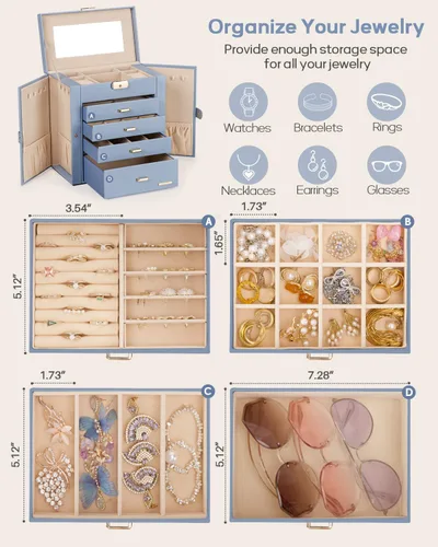 Miniatura 39 de Homde Regalos de Navidad de cuero sintético, enorme joyero, organizador de reloj con espejo, collar, anillo y aretes, estuche de regalo con Dorado