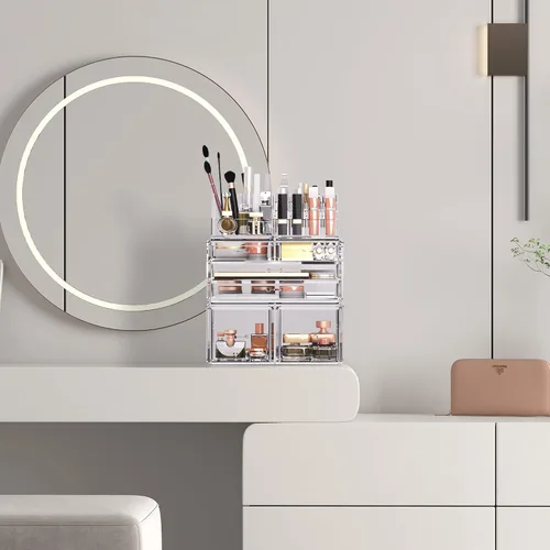Miniatura 4 de READAEER Organizador de maquillaje, 3 piezas, estuche de almacenamiento de cosméticos con 6 cajones (transparente)