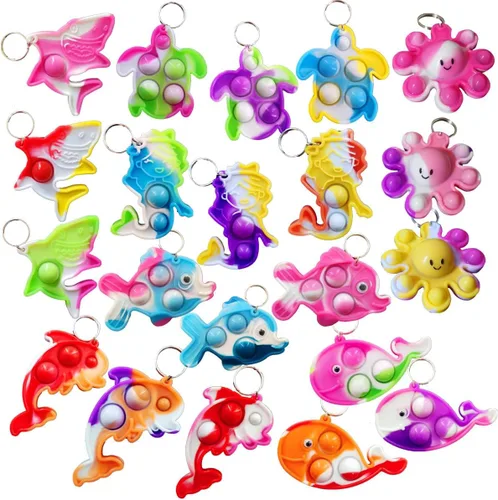 Paquete de 50 unidades a granel de pulpo, peces, delfines, tortugas, tiburones, ballenas, animales marinos, mini llavero de burbujas, para niños y