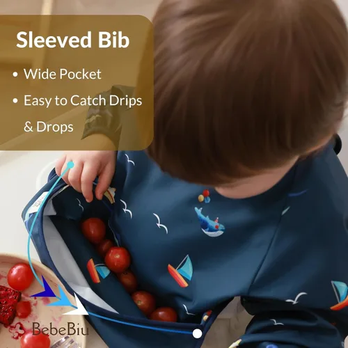 Miniatura 2 de Babero de manga larga para bebé, tela impermeable, bolsillo recolector, babero delantal para bebé, mangas ajustables