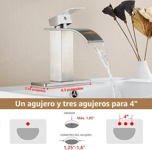 Miniatura 2 de Fransiton Grifo de baño de cascada de níquel cepillado, grifo de lavabo de una sola manija de 1 o 3 agujeros, grifo de lavabo con cubierta y drenaje