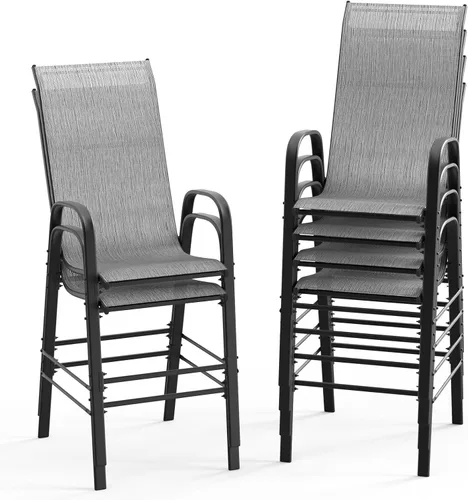Miniatura 15 de VINGLI Juego de 4 taburetes de bar apilables para exteriores, sillas tipo honda con respaldo alto y reposabrazos, para césped, jardín, bar, gris
