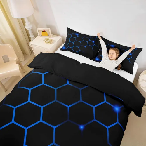 Miniatura 5 de Juego de funda de edredón hexagonal geométrica de panal de abeja, funda de edredón hexagonal moderna para niños, niños, niñas, azul neón, negro