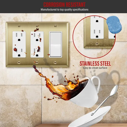 Miniatura 4 de ENERLITES Placa de pared metálica decorativa para interruptor o tomacorriente, acero inoxidable 201, resistente a la corrosión, tamaño de 3-gang