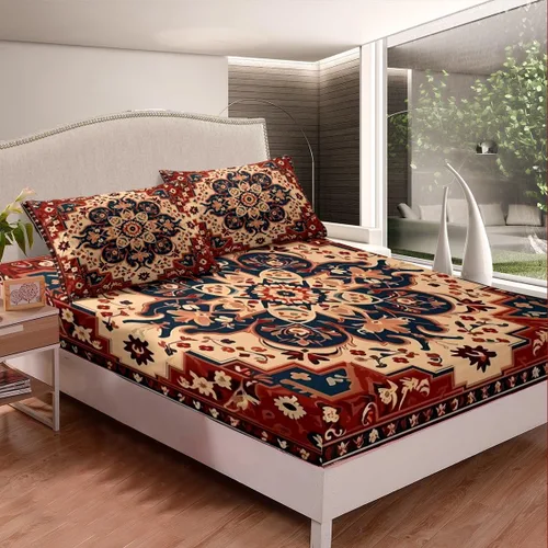Miniatura 4 de Erosebridal Juego de sábanas y fundas de almohada vintage con estampado floral oriental para niños pequeños, juego de sábanas de medallón persa