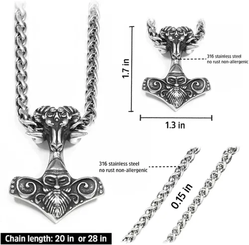 Miniatura 4 de BAVIPOWER Viking Ram - Colgante de cabeza de cabra Mjolnir, collar de martillo de Thors de acero inoxidable, joyería pagana nórdica para hombres