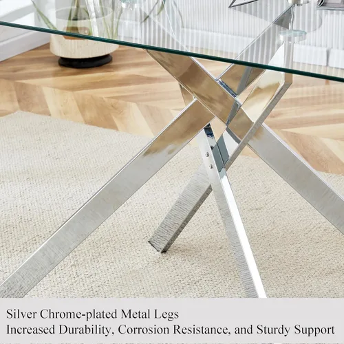 Miniatura 8 de Mesa de comedor rectangular de 51.18" de vidrio templado, mesa de cocina con patas de metal, elegante y robusta mesa de cena para el hogar y la cena