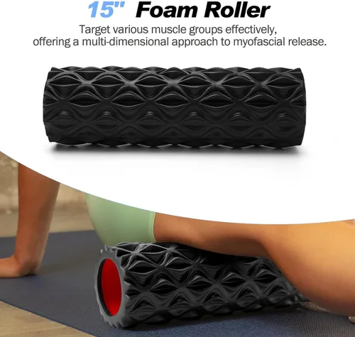 Miniatura 2 de JOYENERGY Juego de rodillos de espuma 5 en 1, rodillo de espuma de punto gatillo, barra de masaje, bola de masaje, correa de estiramiento para Negro