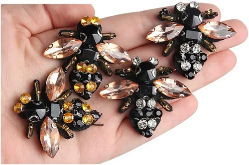 Wixine Broche de cuentas de diamantes de imitación de abejas con lentejuelas y apliques de tela bordada vintage para coser, decoración de ropa