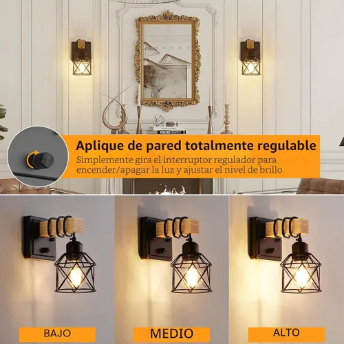 Miniatura 4 de FadimiKoo Juego de dos apliques de pared regulables, lámpara de pared para mesita de noche con interruptor giratorio, luminarias de baño de madera