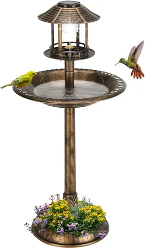Outvita baño para pájaros al aire libre, decoraciones de baños de pájaros de jardín con lámpara solar y base de maceta de flores de resina con