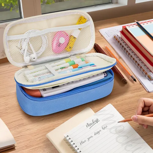Miniatura 4 de KMUYSL Estuche grande para lápices, bolsa grande para lápices con 3 compartimentos, organizador de mano para bolígrafos con cremallera, bolsa