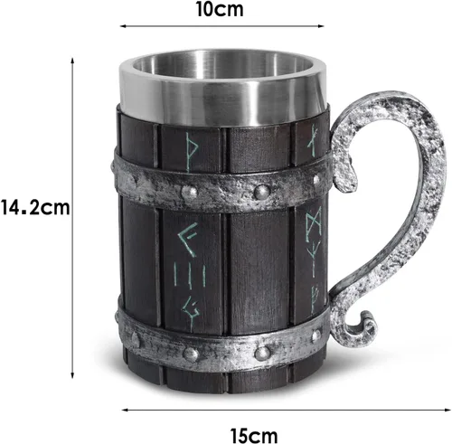 Miniatura 7 de Taza vikinga nórdica, jarra de cerveza de madera de roble, forro de acero inoxidable, mitología nórdica, taza de café de runas vikingas para Taza