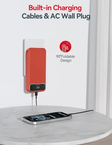 Miniatura 4 de Cargador portátil ligero de 20000 mAh con cables integrados y enchufe de pared de CA, batería de carga rápida PD20W USB-C, pantalla LED, cargador