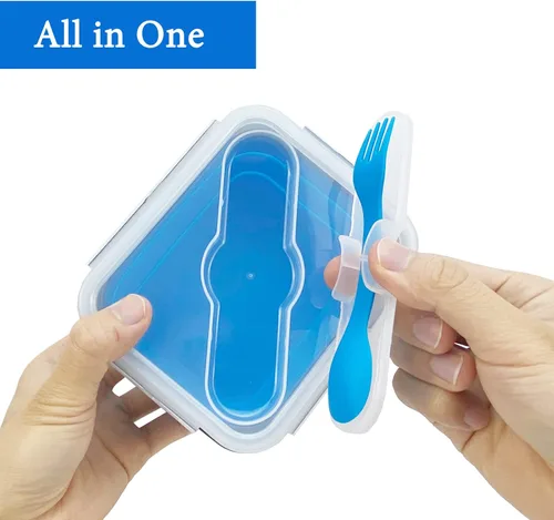 Miniatura 8 de Recipiente plegable de silicona pequeño para aperitivos con tapa y cuchara y tenedor 2 en 1, recipiente de silicona de grado alimenticio, para 08B01