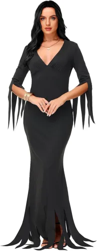 Miniatura 2 de AOBUTE Disfraz de Morticia de Halloween para mujer, vestido largo ajustado con cuello en V