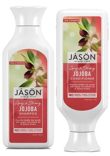 Jason Paquete de champú y acondicionador largo y fuerte de Jojoba con aceite de semilla de jojoba, aloe vera, vitamina B5 y proteína de trigo, 16