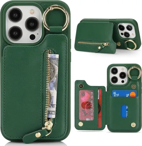 Miniatura 22 de Havaya Funda para iPhone 13 Pro con tarjetero y llavero, soporte de cuero, a prueba de golpes, con ranuras para tarjetas de crédito, cremallera