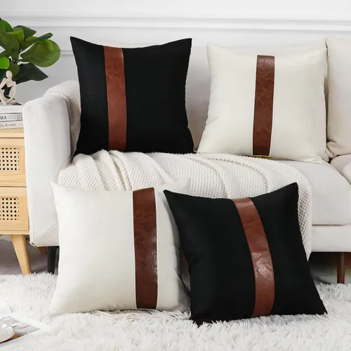 OTOSTAR Juego de 4 fundas de almohada de lino con retazos de piel sintética de 20 x 20 pulgadas, decoración de granja a rayas, modernas, fundas de