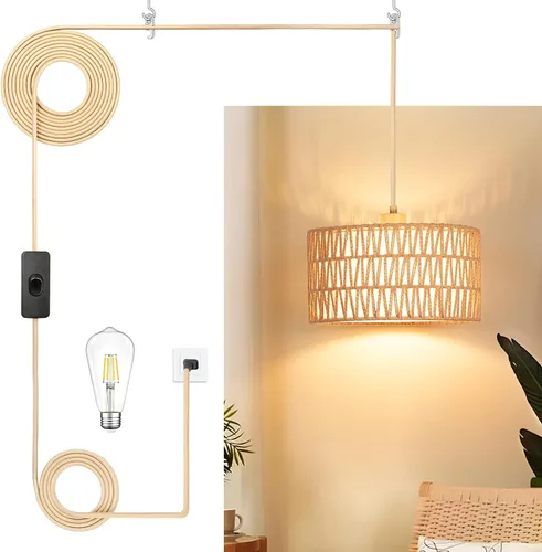 Lámpara Colgante Enchufable de Ratán, Luces Colgantes Boho con Sombra Tejida de Papel y Tela 2 en 1, Bombilla Regulable de 3 Vías Incluida, Lámpara