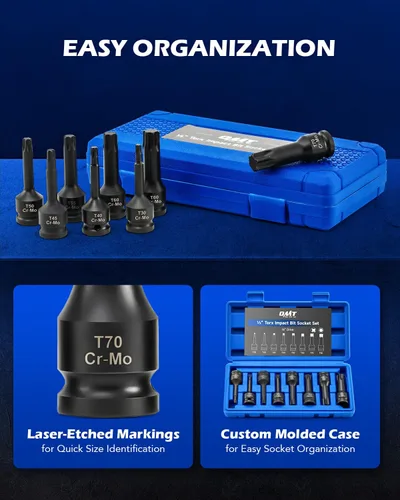 Miniatura 7 de Orion Motor Tech Juego de vasos de impacto de torx de 8 piezas de 1/2", juego de vasos de torx T30 T40 T45 T50 T55 T60 T70 y T80, juego de vasos