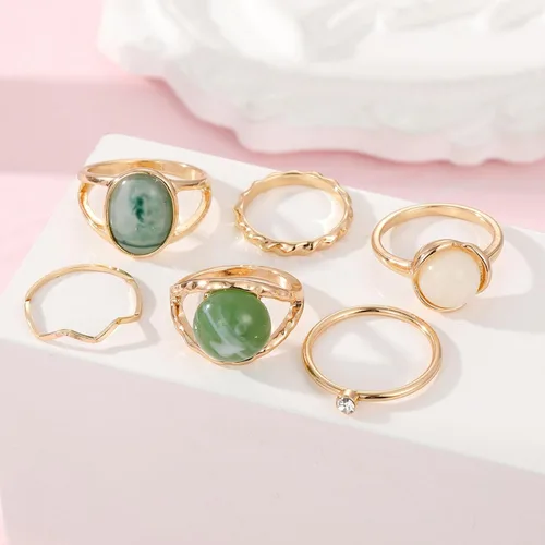 Miniatura 7 de Juego de 6 anillos de diamantes de imitación dorados y verdes para mujer, anillo de piedra preciosa natural, anillo de buena suerte, anillos verdes