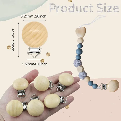 Miniatura 2 de 20 clips de madera para chupete para sujetar la dentición, clips de suspensión de juguete de madera de haya natural, soporte para chupete