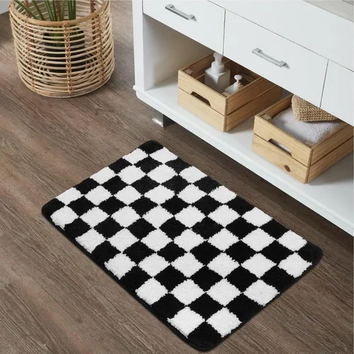 Miniatura 9 de Uphome Juego de alfombras de baño de 3 piezas, juego de alfombras de baño a cuadros en blanco y negro, antideslizantes, lavables a máquina, tapete