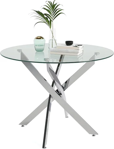 Miniatura 8 de Mesa de comedor redonda para 2-4, 31.5 pulgadas, mesa de cocina pequeña de vidrio templado con patas negras de metal, mesa de comedor moderna