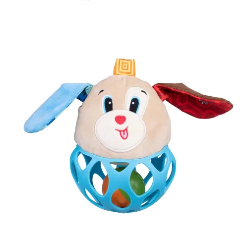 Balibazoo Puppy Paul Rattle Ball - Juguete sensorial de felpa suave con orejas arrugadas, bola de silicona perforada y sonajero, diseño de fácil