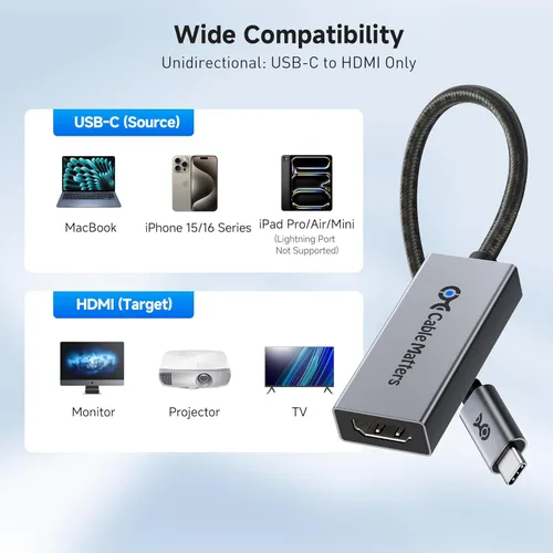 Miniatura 7 de Cable Matters Adaptador unidireccional USB C a HDMI 2.1 de 48 Gbps para macOS, soporta 8K @60Hz / 4K @240Hz HDR, adaptador Thunderbolt 5 a HDMI,