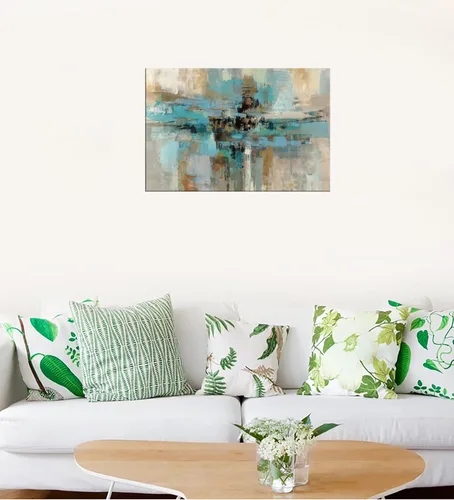 Miniatura 7 de DZL Art A74769 - Impresiones en lienzo abstractas para pared, pinturas artísticas azules y marrones, lienzo estirado de madera, enmarcado para sala