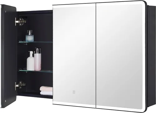 Miniatura 6 de IDYLLOR Botiquín iluminado para baño con puerta de espejo con marco de esquina redonda de 15 x 25 pulgadas, apertura a la derecha, empotrado