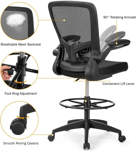 Miniatura 8 de Giantex Silla de dibujo, sillas de oficina con respaldo alto, con reposapiés, reposabrazos abatible, altura ajustable, silla de escritorio Negro