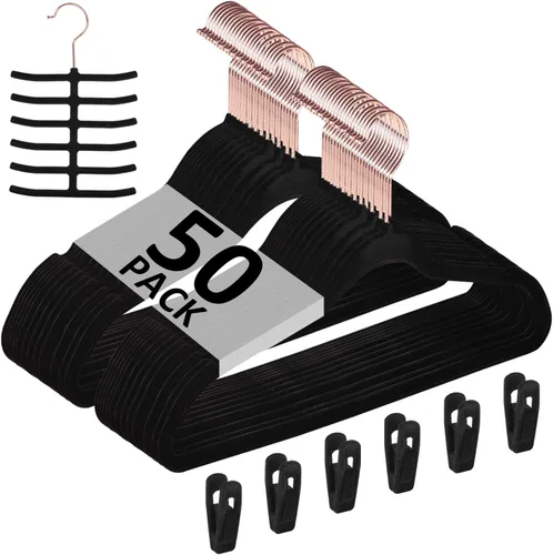 Miniatura 20 de VECELO Perchas de terciopelo de alta calidad resistentes (paquete de 60), antideslizantes y ahorran espacio con 8 clips para los dedos y soporte