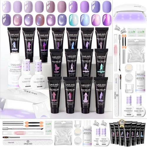 Miniatura 9 de SAVILAND Kit de uñas de polygel sin hema para regalo bonito: kit de inicio de uñas de polygel de 36 colores con solución deslizante y mini lámpara