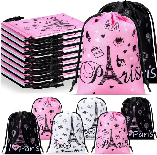 24 bolsas con cordón de París, bolsas de regalo de la Torre Eiffel, decoraciones de cumpleaños de París a granel de 7.1 pulgadas, color rosa, blanco