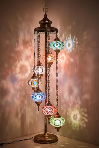 Miniatura 6 de DEMMEX - Lámpara de pie con mosaico marroquí turco de 7 globos grandes, lámpara de pie bohemia con mosaico Tiffany con enchufe y enchufe