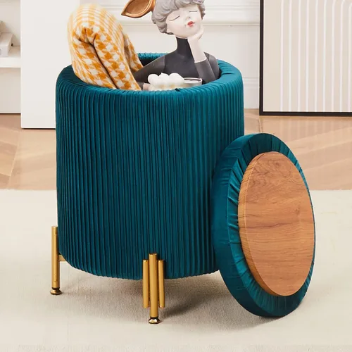 Miniatura 15 de Otomana Redonda Reposapiés con Almacenamiento y Patas de Metal para Sala de Estar y Dormitorio, Reposapiés Tapizado de Terciopelo Soporta 300 libras