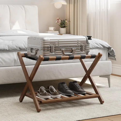 Miniatura 11 de Smart FENDEE Portaequipajes negro totalmente montado, soporte para maleta con estante para zapatos, soporte de equipaje plegable de madera