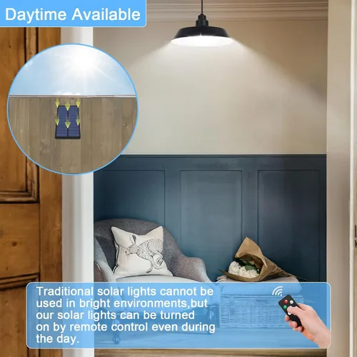 Miniatura 2 de Luces colgantes solares LED, luces solares de cobertizo con interruptor de encendido y apagado, iluminación regulable de 360°, control remoto, cable