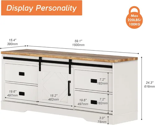 Miniatura 6 de WAMPAT Moderno soporte de TV de granja para TV de 65 pulgadas con puntuación de madera y fricción a través del envejecimiento, centro
