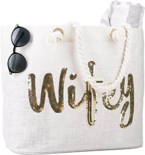 Miniatura 2 de ELEGANTPARK Bolsa de yute con bolsillo interior de lentejuelas doradas, regalo para novia, luna de miel, boda, playa, bolsa de yute con lentejuelas