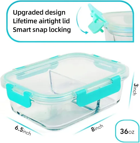 Miniatura 2 de DAS TRUST Paquete de 3 recipientes de almacenamiento de alimentos, 2 compartimentos, recipientes de vidrio para preparación de comidas con tapas