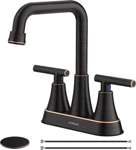 Miniatura 14 de Grifo de Lavabo de Baño Negro Mate, Hurran Grifos de Baño de 4 Pulgadas para Lavabo de 3 Orificios con Desagüe Pop-up y Líneas de Suministro, Grifo