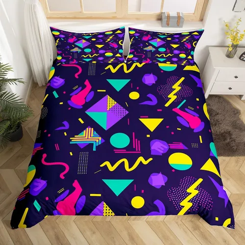 Miniatura 14 de Juego de funda de edredón retro de los años 80 y 90 para hombres y niños, tamaño matrimonial, con formas geométricas redondas triangulares, funda