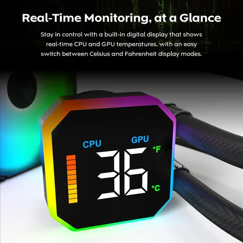 Miniatura 2 de MONTECH HyperFlow Digital 240 - Enfriador líquido de CPU, AIO de 9.449 in con bomba de 3100 RPM, 2 ventiladores E28 ARGB de 4.724 in, pantalla