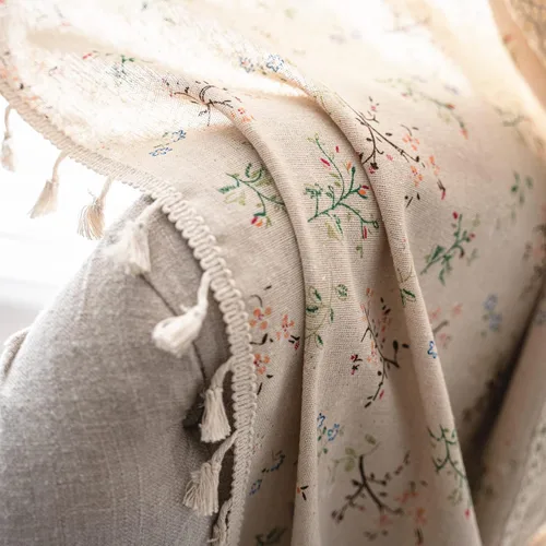 Miniatura 7 de Deeprove Cortinas bohemias para dormitorio, rayas huecas de ganchillo crema y estampado floral, tela de lino de algodón, con borlas beige bohemias